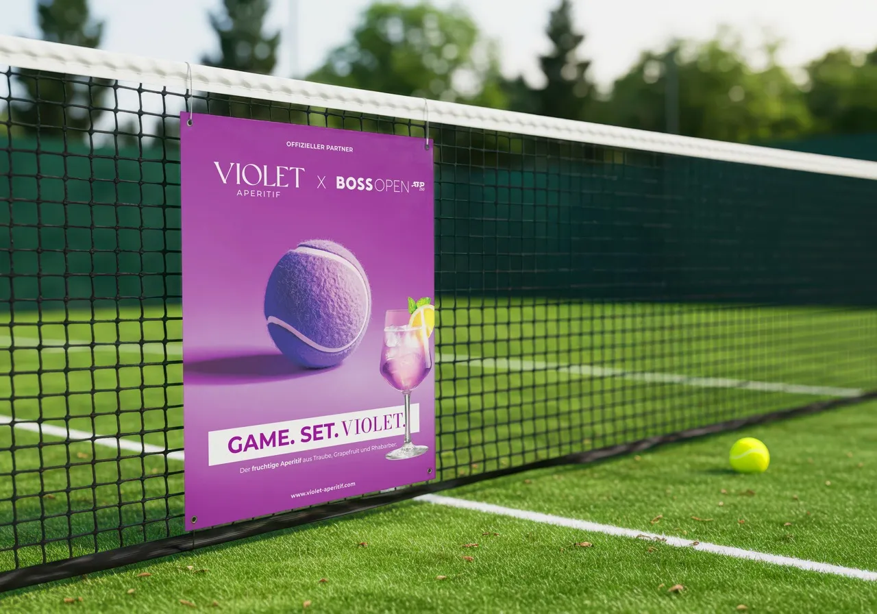 Bandenwerbung für Violet an einem Tennisnetz, integriert in ein sportliches Umfeld mit sichtbarem Logo und Farbkonzept
