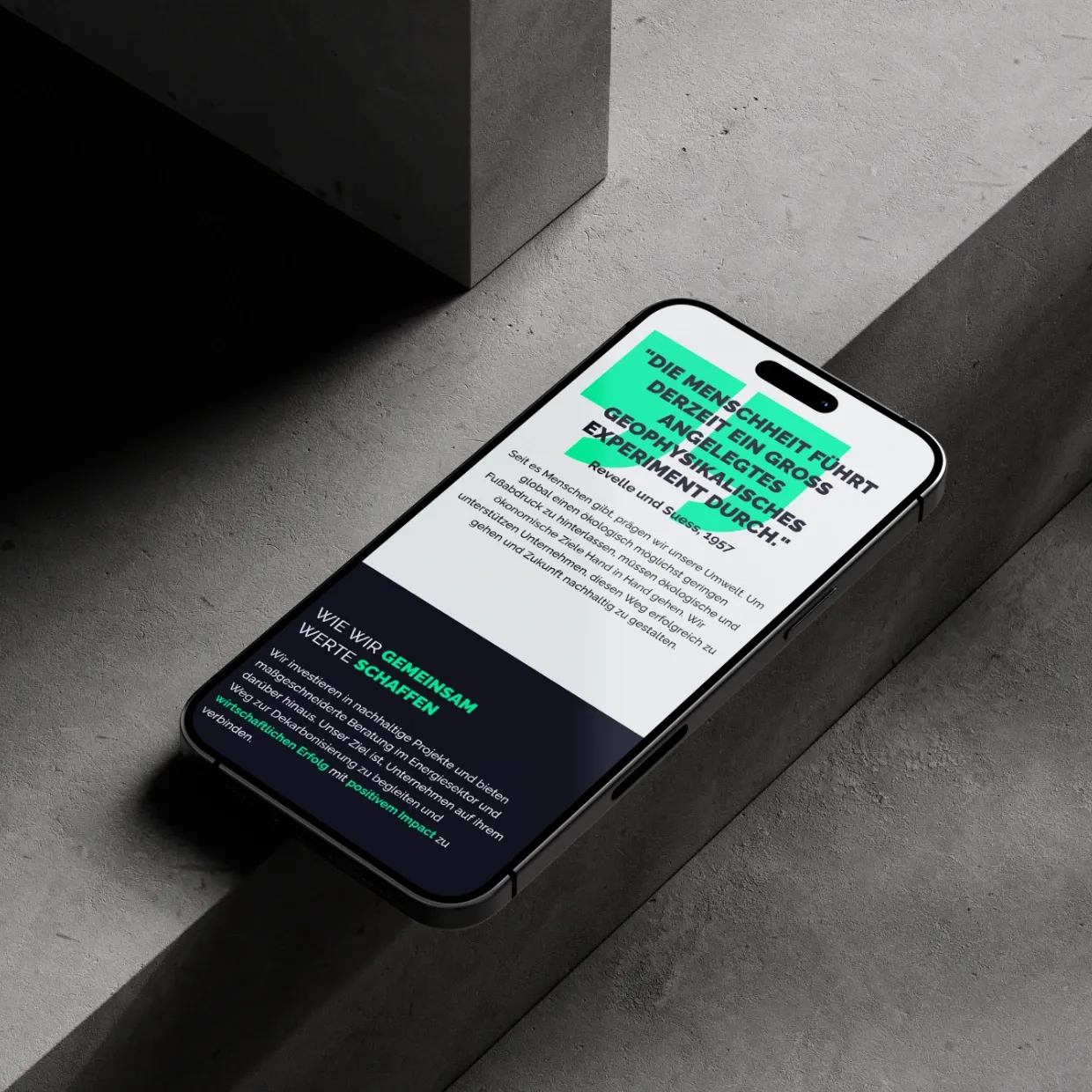 Smartphone-Ansicht der Tethys-Website mit großem Zitat über geophysikalische Verantwortung und nachhaltige Werte.